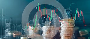 Graph and rows of coins for finance and business, stock market chart growth, abstract and symbol, business investment and currency