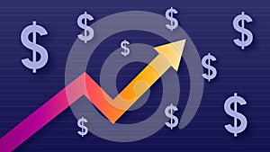 Graph show value growth of dollar, modern trendy colors, gradient arrow and purple usd symbols