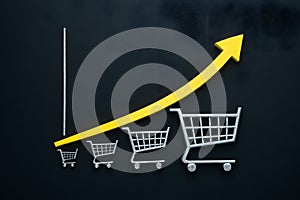 Graph showing sales increase with small shopping carts decreasing in size horizontally and rising arrow vertically