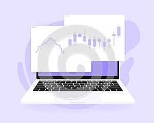 Graph of Stock Market chart on laptop screen. Trading strategy concept. Candlestick chart of technical analysis. Index