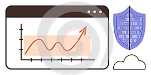 Data Growth Chart with Shield and Cloud Representing Security and Online Analytics