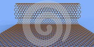 Graphen layer folding to nanotube, 3D illustration. Hexagonal carbon structure of a nanotube, also known as buckytube photo