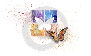 Graphic abstract butterfly breaking out from colorful mold
