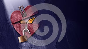 Graphic abstract butterfly emerging from unlocked heart background