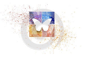 Graphic abstract butterfly with squares and paint splatter effect