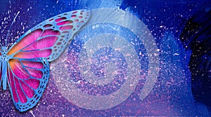 Graphic abstract closeup butterfly in magenta with purple speckle background