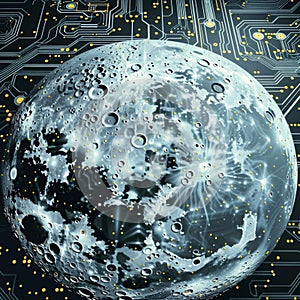 Graphic of Abstract illustration of data streams on a lunarthemed electronic mainboard