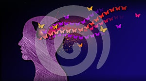 Graphic abstract stream of dreamlike butterflies flowing from iconic puzzle opening in mind photo