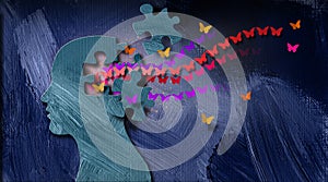 Graphic abstract stream of dreamlike butterflies flowing from puzzle opening in mind