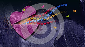 Graphic abstract stream of free butterflies burst from opening heart background