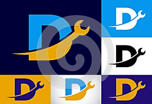 Graphic alphabet D with wrench. Logo for mechanical, technology, repair service , automotive business