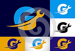 Graphic alphabet G with wrench. Logo for mechanical, technology, repair service , automotive business