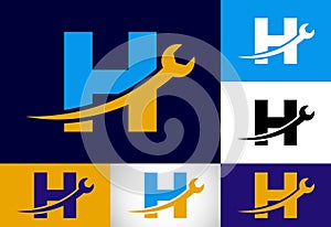 Graphic alphabet H with wrench. Logo for mechanical, technology, repair service , automotive business