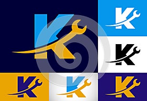 Graphic alphabet K with wrench. Logo for mechanical, technology, repair service , automotive business