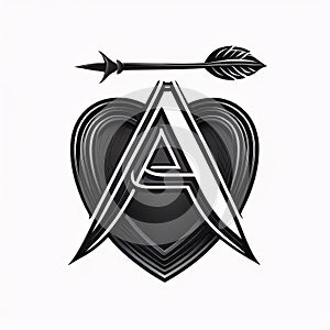 Initial Letter A Logo with Shield and Arrow, Black and White Color