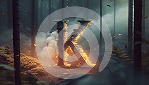 The letter K is burning in the forest, 3d rendering