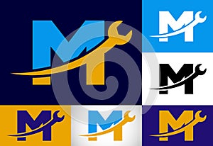 Graphic alphabet M with wrench. Logo for mechanical, technology, repair service , automotive business