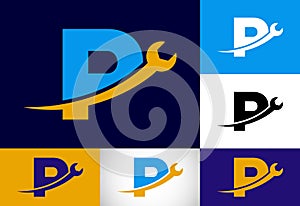 Graphic alphabet P with wrench. Logo for mechanical, technology, repair service , automotive business