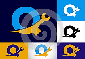 Graphic alphabet Q with wrench. Logo for mechanical, technology, repair service , automotive business