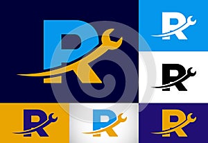 Graphic alphabet R with wrench. Logo for mechanical, technology, repair service , automotive business
