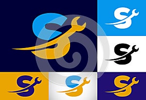 Graphic alphabet S with wrench. Logo for mechanical, technology, repair service , automotive business
