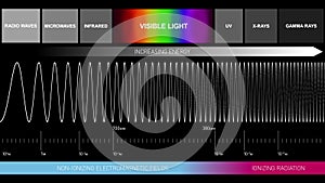 Graphic Animation Light Diagram with Invisible Visible Light Spectrum. Infrared, Ultraviolet, Microwaves, X-rays, Gamma