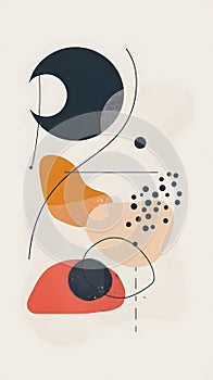 Graphic art with carmine circles and lines on white background