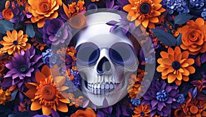 Graphic art illustration background featuring intricately designed skulls with Halloween motifs - flowers, candles. photo