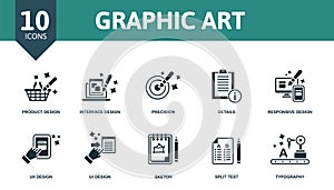 Graphic Art set icon. Editable icons graphic art theme such as product design, precision, responsive design and more.