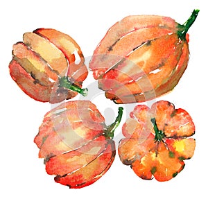 Graphic artistic abstract bright cute autumn ripe tasty colorful halloween orange pumpkins pattern watercolor hand illustration