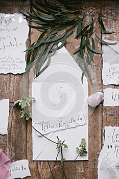 Graphic arts of beautiful wedding calligraphy cards with flower and mineral stone.