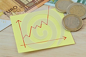 Graphic with ascending line on paper note, euro coins and banknotes - Concept of increasing money value