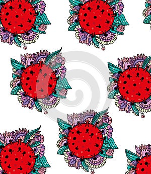 Graphic background with caronovirus bacterium and flowers on a white background