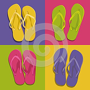 Graphic background with four pairs of flip flops of different colors