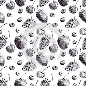 Graphic background sketch of Seasonal fruits and berries. Seamless pattern