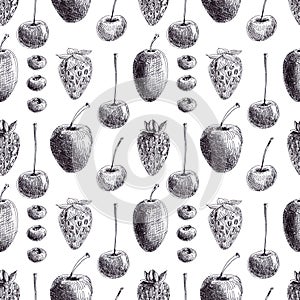 Graphic background sketch of Seasonal fruits and berries. Seamless pattern