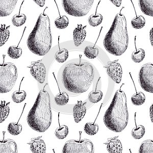 Graphic background sketch of Seasonal fruits and berries. Seamless pattern