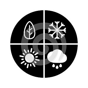 Graphic black flat vector all four seasons icon isolated. Winter, spring, summer, autumn - all year round sign. Snow, rain and sun