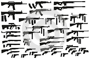 Graphic black silhouette weapon and firearm icons