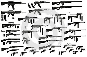 Graphic black silhouette weapon and firearm icons