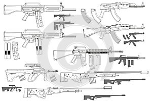 Graphic black and white automatic assault rifles