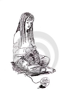 Graphic black and white drawing girl sits and knits