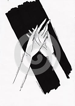 Graphic black and white hand drawn illustration of hands on the black stripe