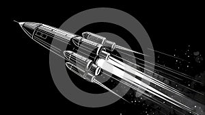 Graphic black and white illustration of a rocket with multiple boosters, depicting the power and energy of a space