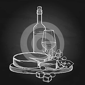 Graphic bottle and glass of wine with camembert cheese and grapes