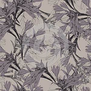 Graphic branch lily on milk background. Floral seamless pattern for design.