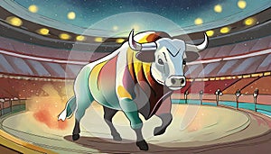 A graphic bull in a bullring