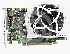 Graphic card with large cooler, top view, white background