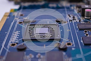 Graphic card Processors. Macro view of a Futuristic Electronic Circuit Board with Microchips and Processors. Technology Background