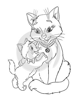 Graphic cartoon iart  of a  mother cat  playing with little kitten